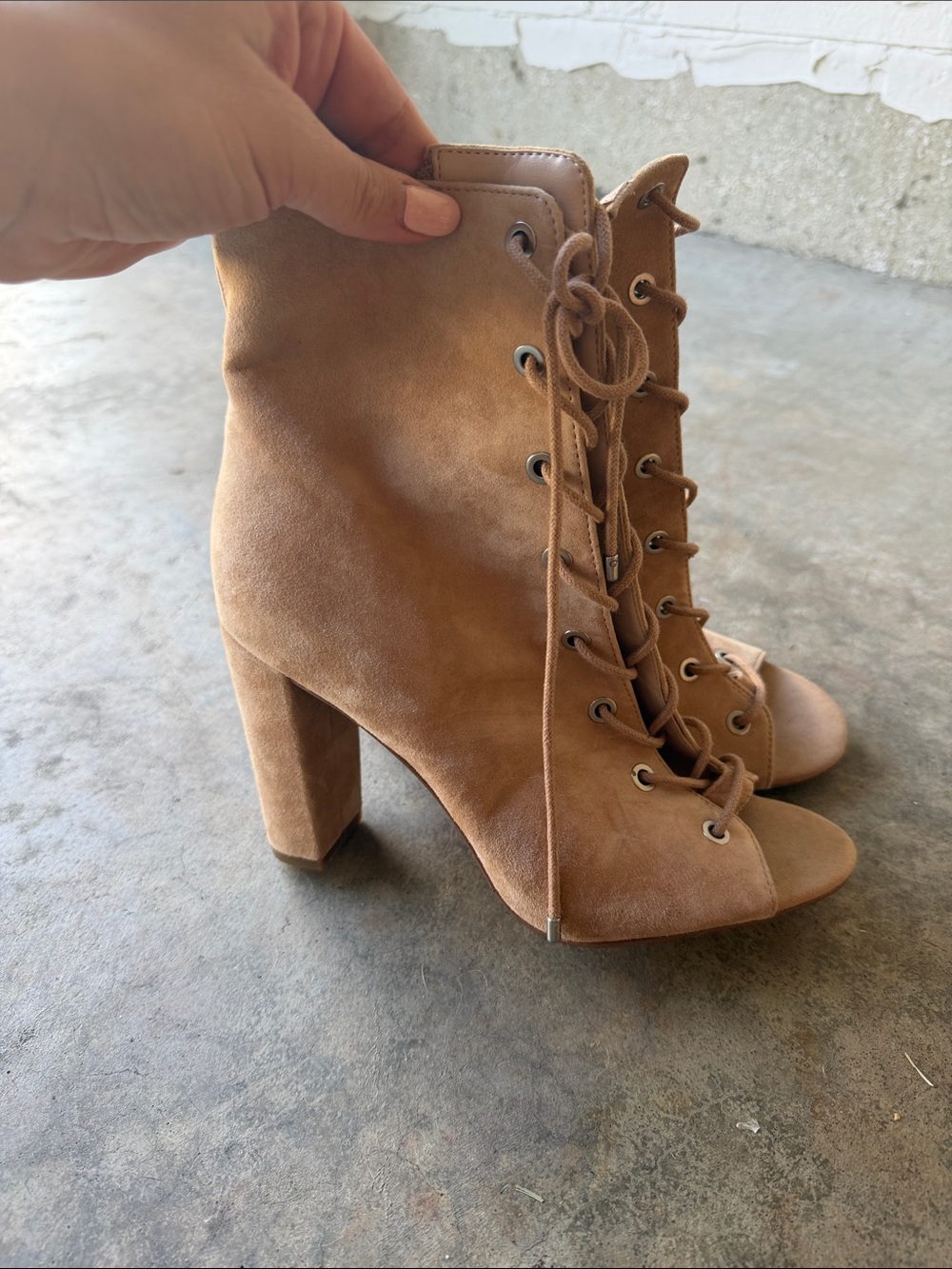 Tan Lace-Up Open-Toe Block Heel Boots